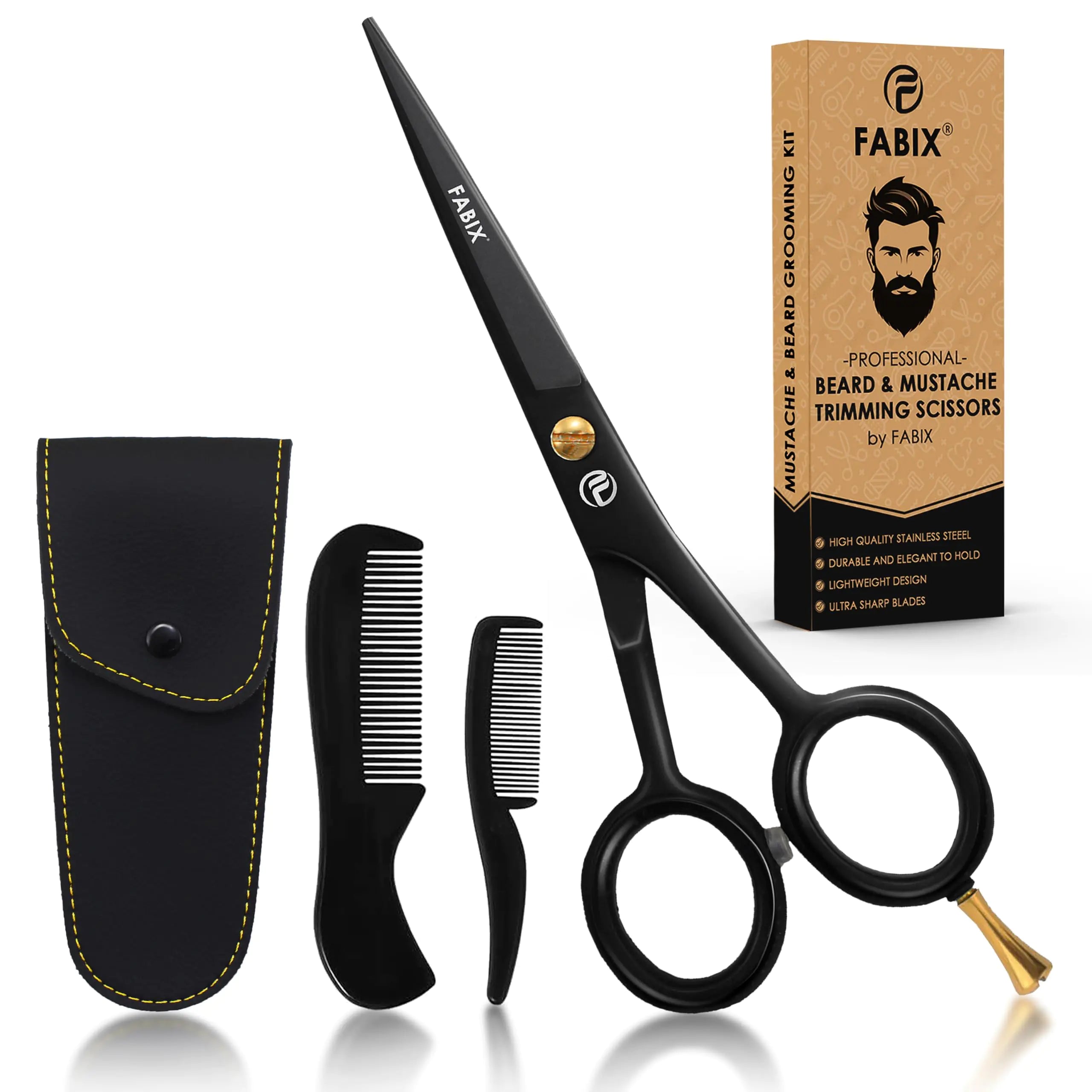 Premium Beard & Mustache Scissors Grooming Kit: 1 Beard Comb, 1 Mustache Comb, 5 inch Precision Scissors and Travel Pouch